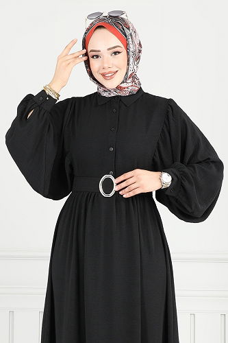 moda selvim Kaplama Kemerli Tesettür Elbise 3071HBS856 Siyah - Thumbnail