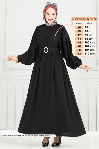 moda selvim Kaplama Kemerli Tesettür Elbise 3071HBS856 Siyah - Thumbnail