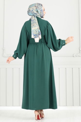 moda selvim Kaplama Kemerli Tesettür Elbise 3071HBS856 Zümrüt - Thumbnail