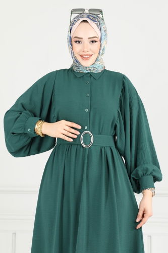 moda selvim Kaplama Kemerli Tesettür Elbise 3071HBS856 Zümrüt - Thumbnail