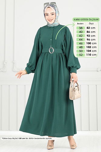 moda selvim Kaplama Kemerli Tesettür Elbise 3071HBS856 Zümrüt - Thumbnail