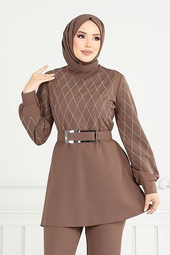 moda selvim Kaplama Kemerli Tesettür Takım 2691SL890-M Koyu Vizyon - Thumbnail