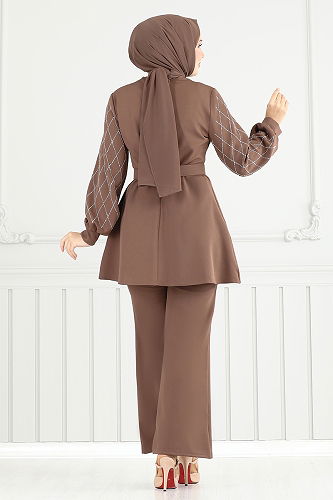 moda selvim Kaplama Kemerli Tesettür Takım 2691SL890-M Koyu Vizyon - Thumbnail