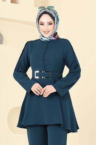moda selvim Kaplama Kemerli Tesettür Takım(raftan İade) 2634SL432 Petrol - Thumbnail