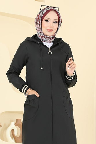 moda selvim Kapşon Detay Bondit Trençkot 2722SL432 Siyah - Thumbnail