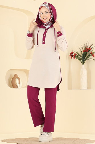 moda selvim Kapşon Detaylı 2 li Takım 2905SLK540 Bordo - Thumbnail