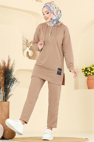 moda selvim Kapşon Detaylı İki İp Takım 4092TEG847 Latte - Thumbnail