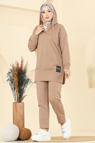 moda selvim Kapşon Detaylı İki İp Takım 4092TEG847 Latte - Thumbnail