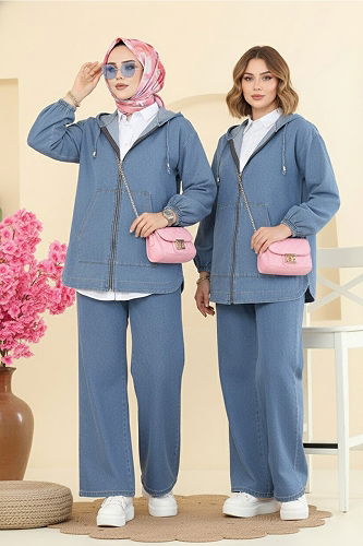 moda selvim Kapşon Detaylı İkili Takım 21119MPR1163 Açık Kot - Thumbnail