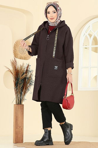 moda selvim Kapşon Detaylı Peluş Kap 2141LYD1165 Acı Kahve - Thumbnail