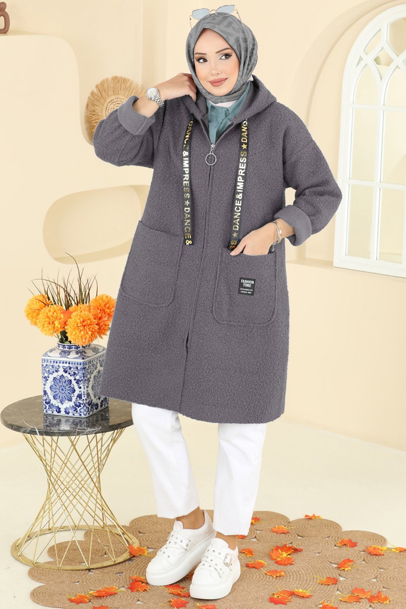 Kapşon Detaylı Peluş Kap 2141LYD1165 Antrasit - Moda Selvim
