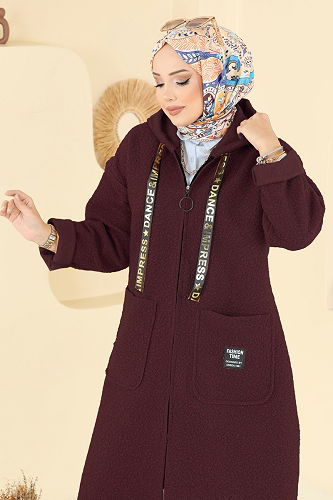 moda selvim Kapşon Detaylı Peluş Kap 2141LYD1165 Bordo - Thumbnail