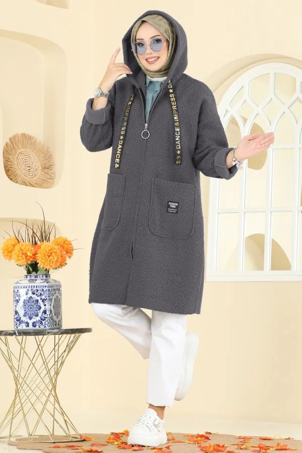 Modaselvim Kap / Kaban Kapşon Detaylı Peluş Kap 2141LYD1165 Füme