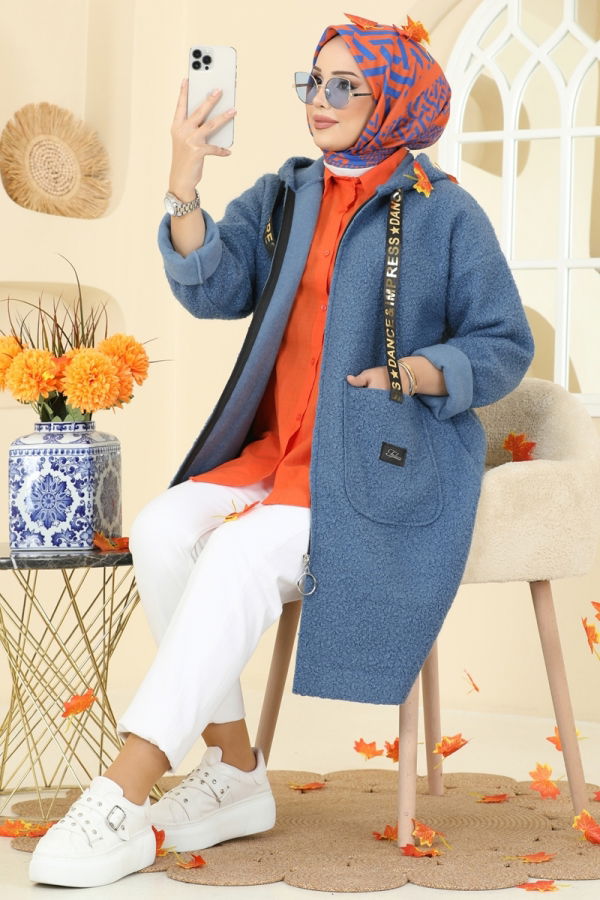 Modaselvim Kap / Kaban Kapşon Detaylı Peluş Kap 2141LYD1165 İndigo