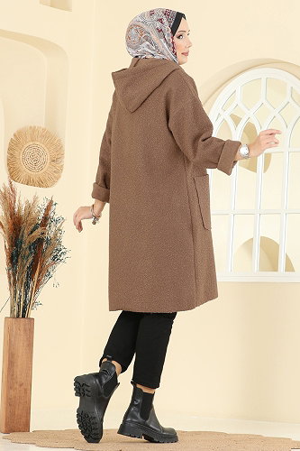moda selvim Kapşon Detaylı Peluş Kap 2141LYD1165 Koyu Vizyon - Thumbnail