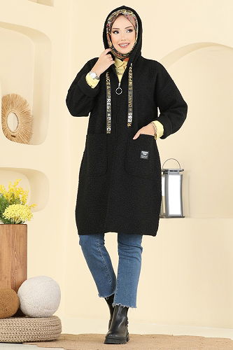 moda selvim Kapşon Detaylı Peluş Kap 2141LYD1165 Siyah - Thumbnail