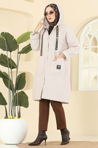 moda selvim Kapşon Detaylı Peluş Kap 2141LYD1165 Taş - Thumbnail