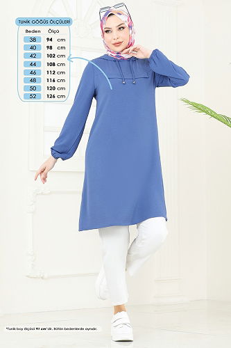 moda selvim Kapşonlu Aerobin Tunik 3003BM387 İndigo - Thumbnail