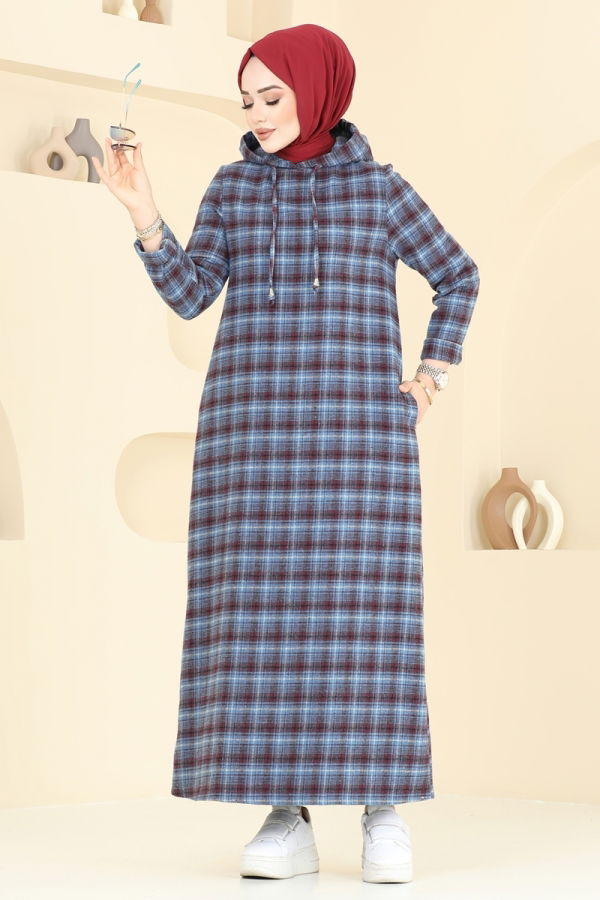 Modaselvim KURBAN BAYRAMI İNDİRİMİ Kapşonlu Ekose Elbise 3043KTR750 Saks&Bordo