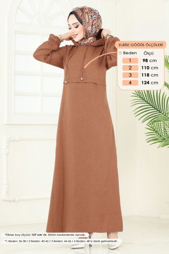 moda selvim Kapşonlu Elbise 814OZN1046 Açık Kahve - Thumbnail