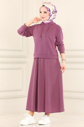 moda selvim Kapşonlu Etekli Takım 3007YNS793 Lila - Thumbnail