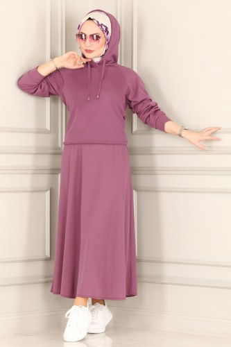moda selvim Kapşonlu Etekli Takım 3007YNS793 Lila - Thumbnail
