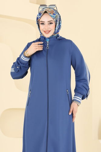 moda selvim Kapşonlu Garni Detay Pardesü Ferace 391DVL817 İndigo - Thumbnail