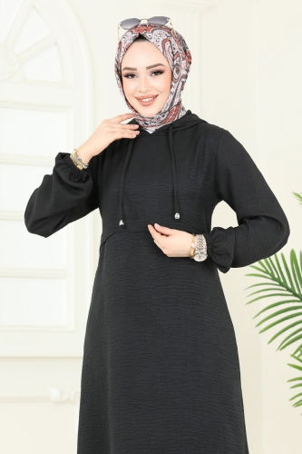 moda selvim Kapşonlu Keten Elbise 814OZN1046 Siyah - Thumbnail