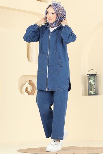 moda selvim Kapşonlu Kot 2 li Takım 202506TEG847 Mavi Kot - Thumbnail