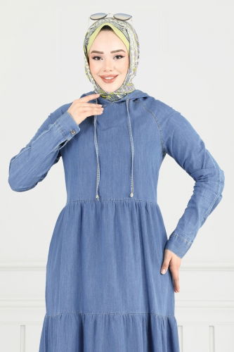 moda selvim Kapşonlu Kot Elbise 25026MTS1094 Açık Kot - Thumbnail