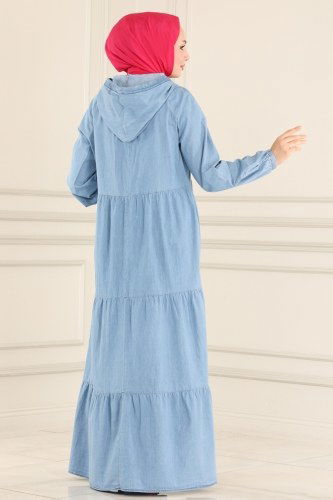 moda selvim Kapşonlu Kot Elbise 4354MKL719 Açık Kot - Thumbnail
