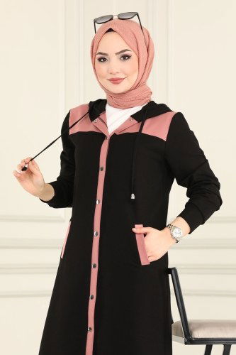 moda selvim Kapşonlu Rahat Spor Takım 7057NZR779 Gül Kurusu&Siyah - Thumbnail