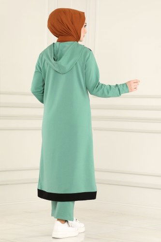 moda selvim Kapşonlu Rahat Spor Takım 7057NZR779 Siyah&Mint - Thumbnail