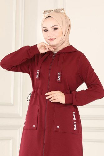 moda selvim Kapşonlu Rahat Spor Takım PL218 Koyu Bordo - Thumbnail