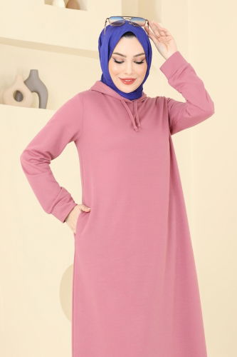 moda selvim Kapşonlu Spor Elbise 5042UZ662 Gül Kurusu - Thumbnail