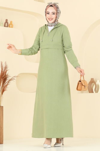 moda selvim Kapşonlu Tesettür Elbise 2679SL432 Çağla - Thumbnail