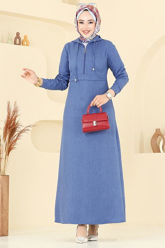 moda selvim Kapşonlu Tesettür Elbise 2679SL432 İndigo - Thumbnail