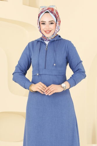 moda selvim Kapşonlu Tesettür Elbise 2679SL432 İndigo - Thumbnail