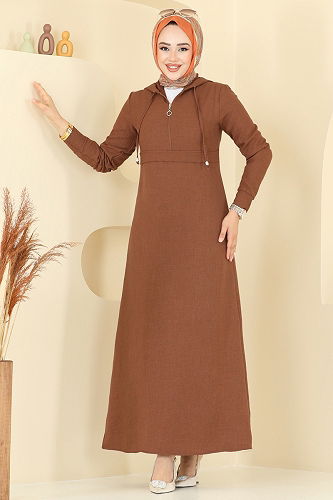moda selvim Kapşonlu Tesettür Elbise 2679SL432 Taba - Thumbnail