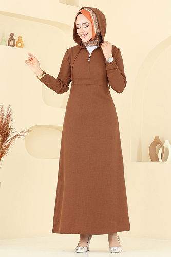 moda selvim Kapşonlu Tesettür Elbise 2679SL432 Taba - Thumbnail