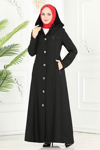 moda selvim Kapşonlu Tesettür Ferace 81224PD194 Siyah - Thumbnail