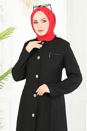 moda selvim Kapşonlu Tesettür Ferace 81224PD194 Siyah - Thumbnail