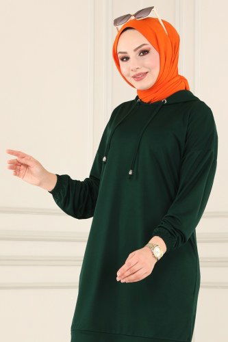 moda selvim Kapşonlu Tesettür Takım 3001YNS793 Zümrüt - Thumbnail