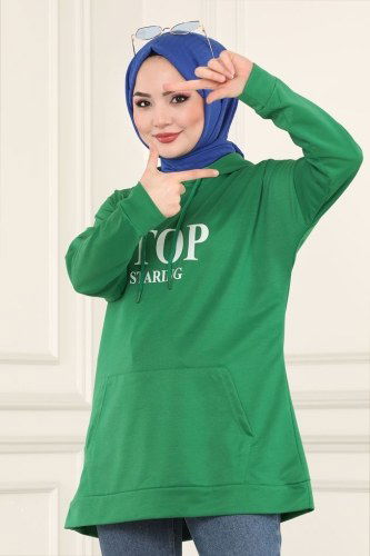 moda selvim Kapşonlu Tesettür Tunik 0168UZ662 Benetton Yeşili - Thumbnail