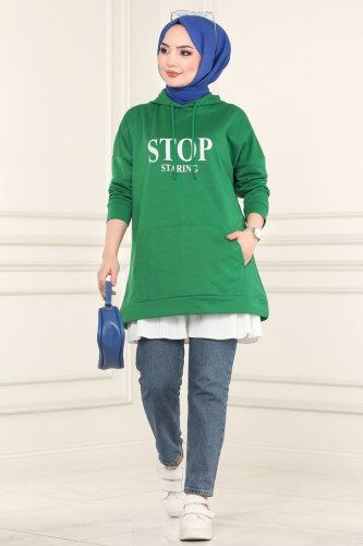 moda selvim Kapşonlu Tesettür Tunik 0168UZ662 Benetton Yeşili - Thumbnail