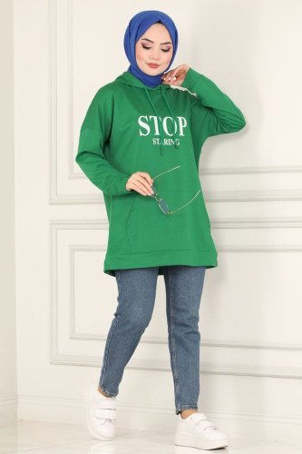 moda selvim Kapşonlu Tesettür Tunik 0168UZ662 Benetton Yeşili - Thumbnail