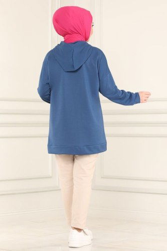 moda selvim Kapşonlu Tesettür Tunik 0168UZ662 İndigo - Thumbnail
