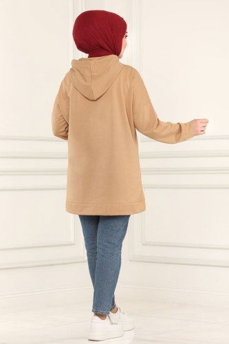 moda selvim Kapşonlu Tesettür Tunik 0168UZ662 Latte - Thumbnail