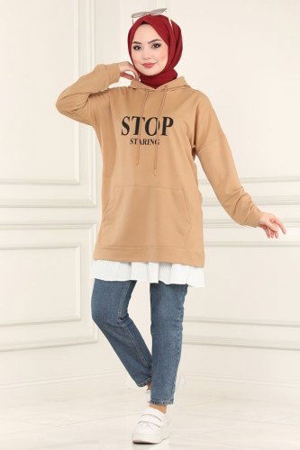 moda selvim Kapşonlu Tesettür Tunik 0168UZ662 Latte - Thumbnail