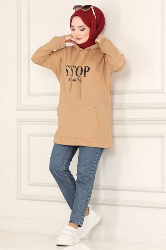 moda selvim Kapşonlu Tesettür Tunik 0168UZ662 Latte - Thumbnail